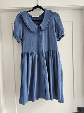 Smash + Tess Dusty Blue Button-Front Mini Dress with Ruffled Peter Collar